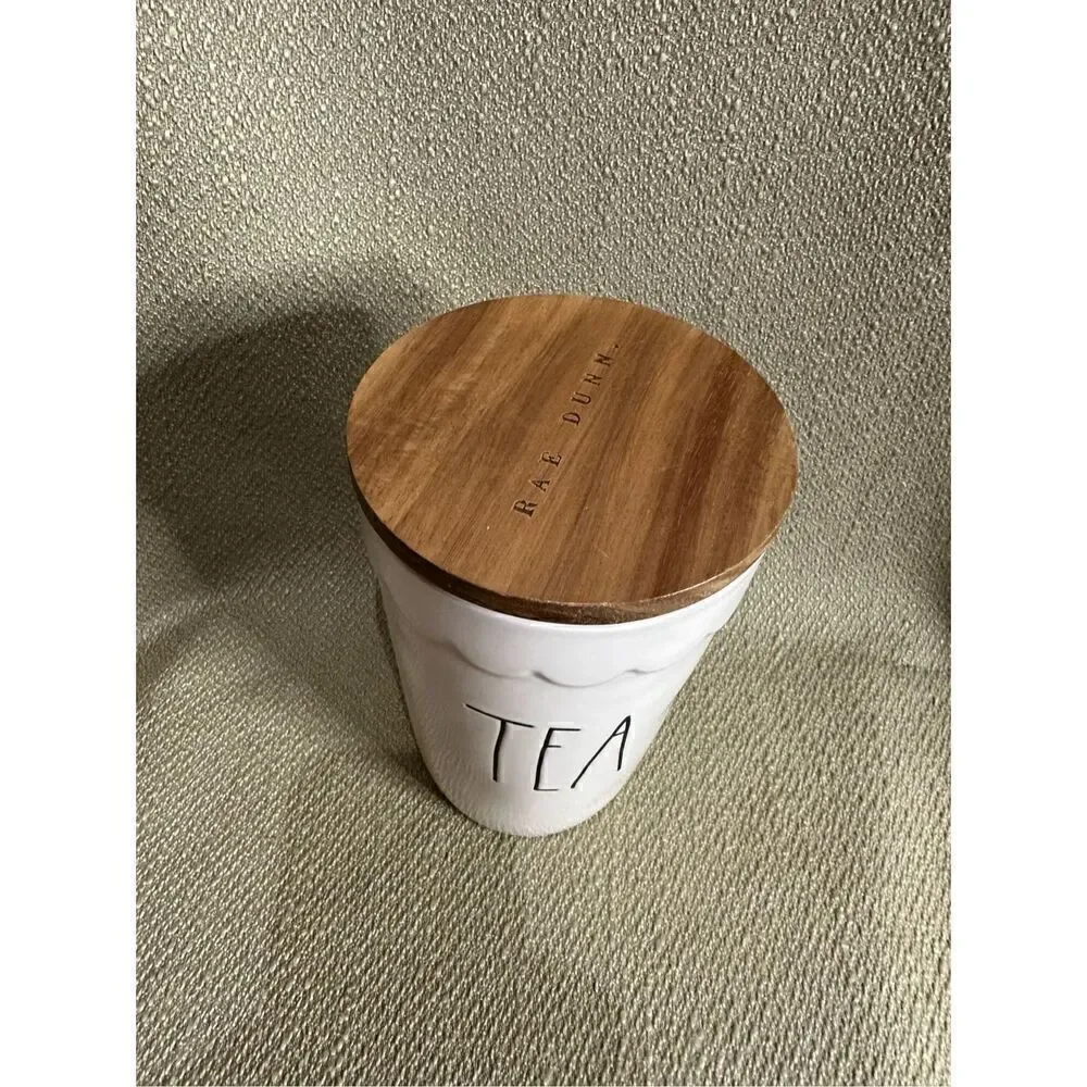 Rae Dunn TEA Cellar Canister Storage Ivory Brown Wood Lid Farmhouse 7” X 4”
